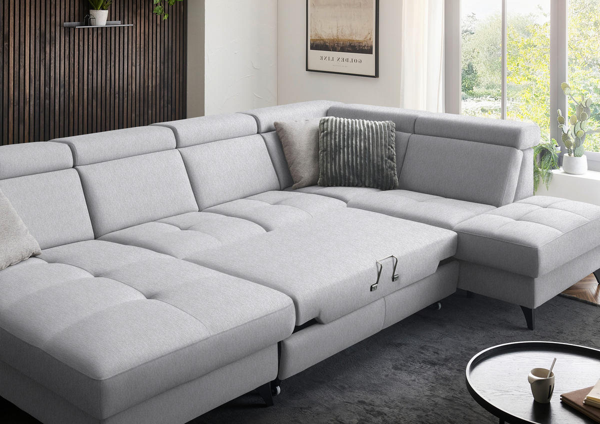 WOHNLANDSCHAFT Beldomo System in Flachgewebe Ecru  - Ecru/Schwarz, KONVENTIONELL, Textil/Metall (174/333/215cm) - Beldomo System