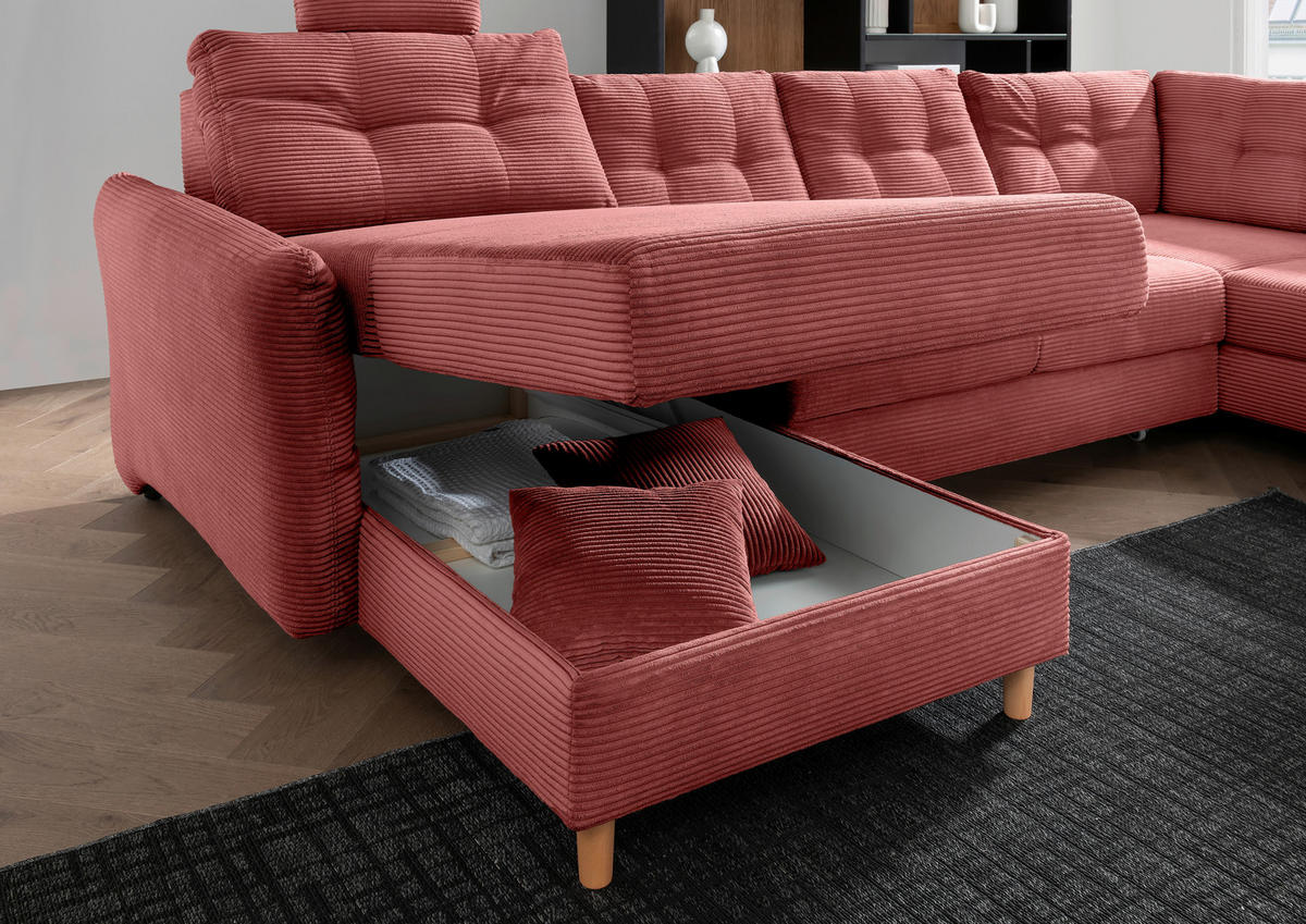 WOHNLANDSCHAFT in Cord Koralle  - Koralle/Naturfarben, Modern, Holz/Textil (176/338-352/206cm) - Livetastic