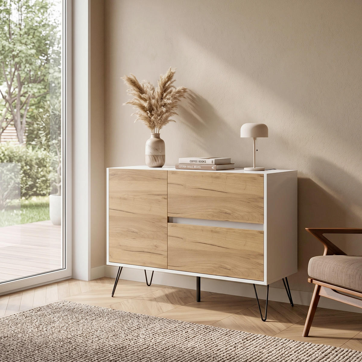 SIDEBOARD Posseik Industrial 99/75,8/42 cm 2 Schublade(n)  - Eichefarben/Weiß Hochglanz, Design, Holzwerkstoff/Metall (99/75,8/42cm) - MID.YOU