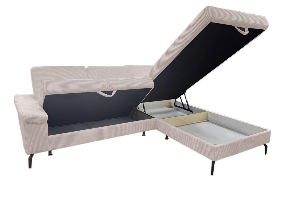 ECKSOFA inkl. Funktionen Creme Velours Bettkasten, Sitzvorzug  - Creme/Schwarz, KONVENTIONELL, Textil/Metall (253/206cm) - Venda