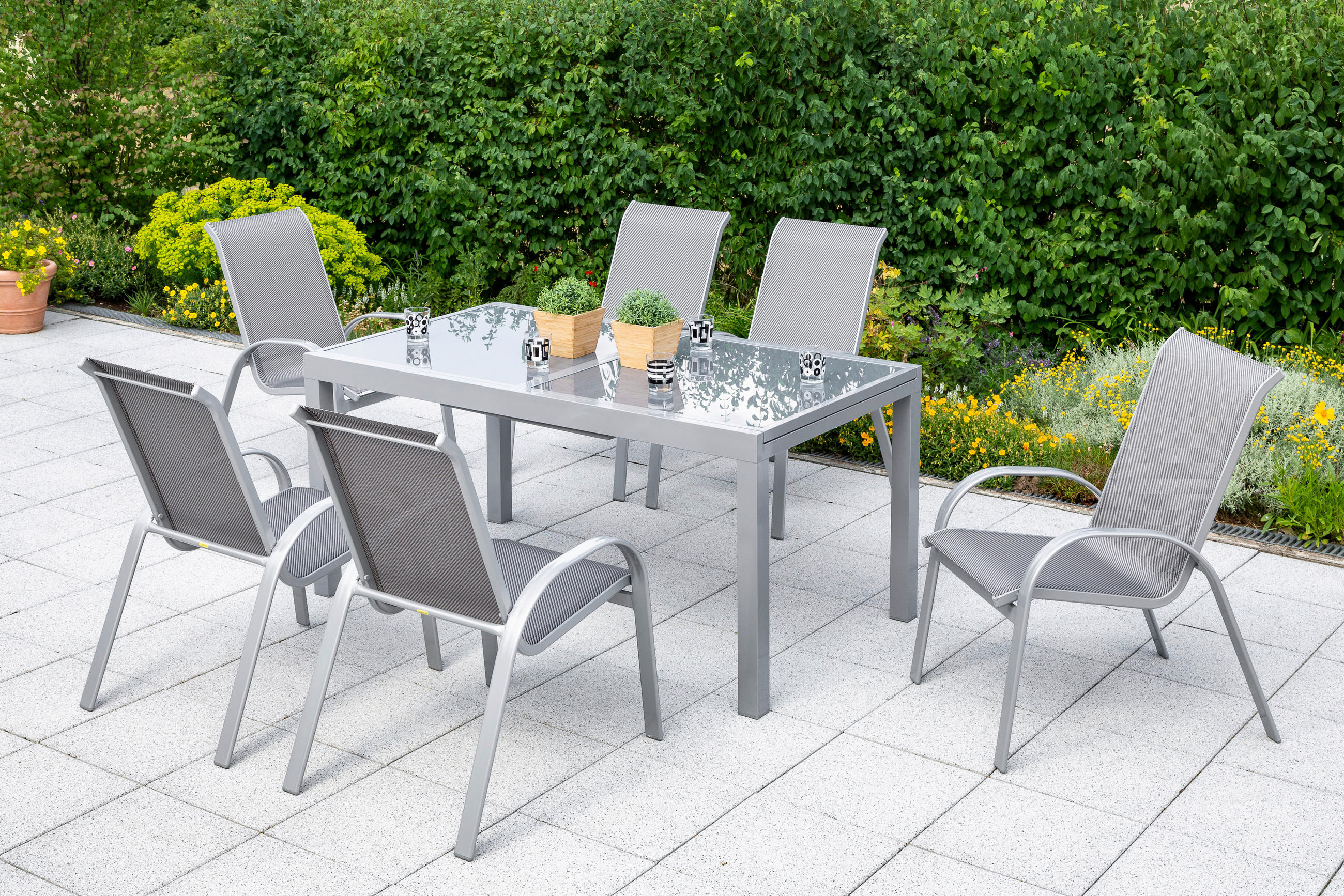 GARTENTISCHGRUPPE Netzbespannung Aluminium  - Silberfarben/Braun, KONVENTIONELL, Glas/Textil - Gardenson