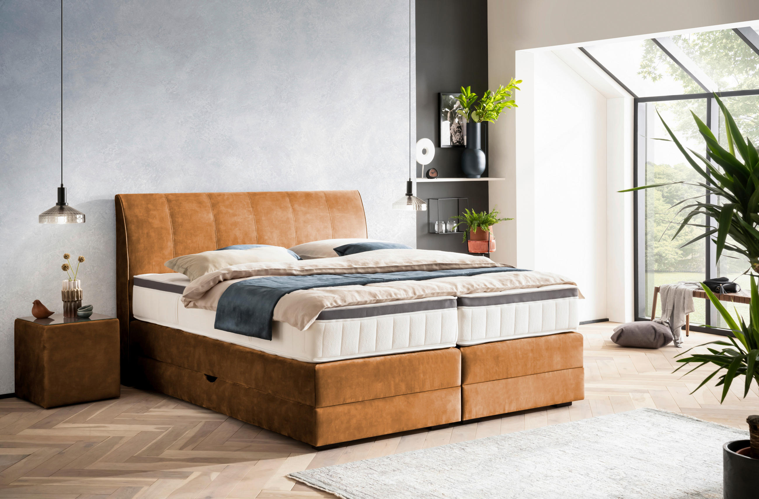 BOXSPRINGBETT 160/200 cm  in Cognac  - Wengefarben/Cognac, KONVENTIONELL, Holz/Textil (160/200cm) - Novel