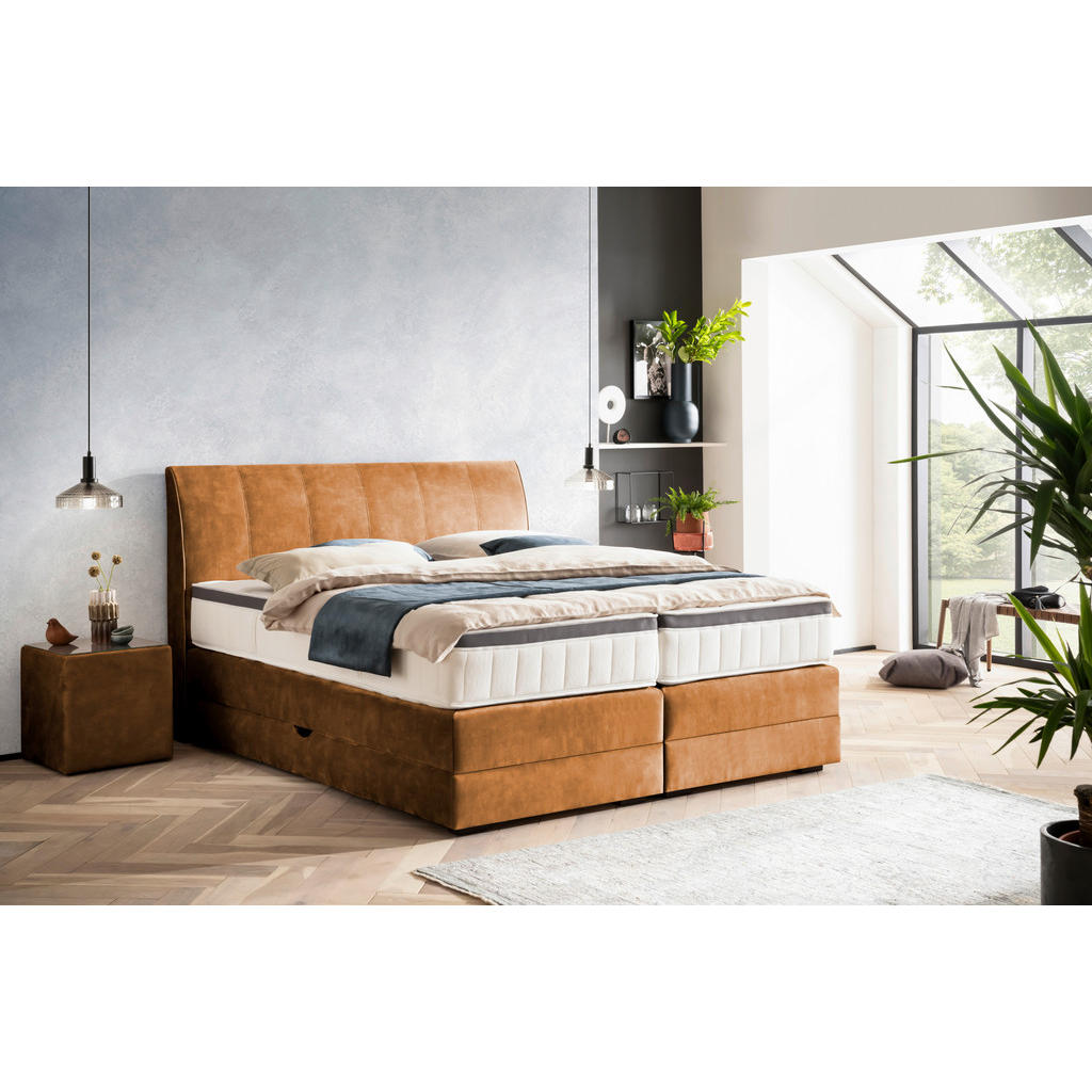 Thumbnail - Novel Boxspringbett, Cognac, Textil, Wenge, H2 + H4, 7-Zonen, Höhe ca. 27 cm, 200x200 cm, Bettkasten, Federkernmatratze,...