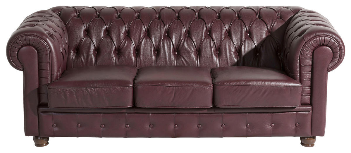 CHESTERFIELD-DREISITZER-SOFA Rot Echtleder  - Rot/Nussbaumfarben, Design, Leder/Holz (200/76/98cm) - Max Winzer