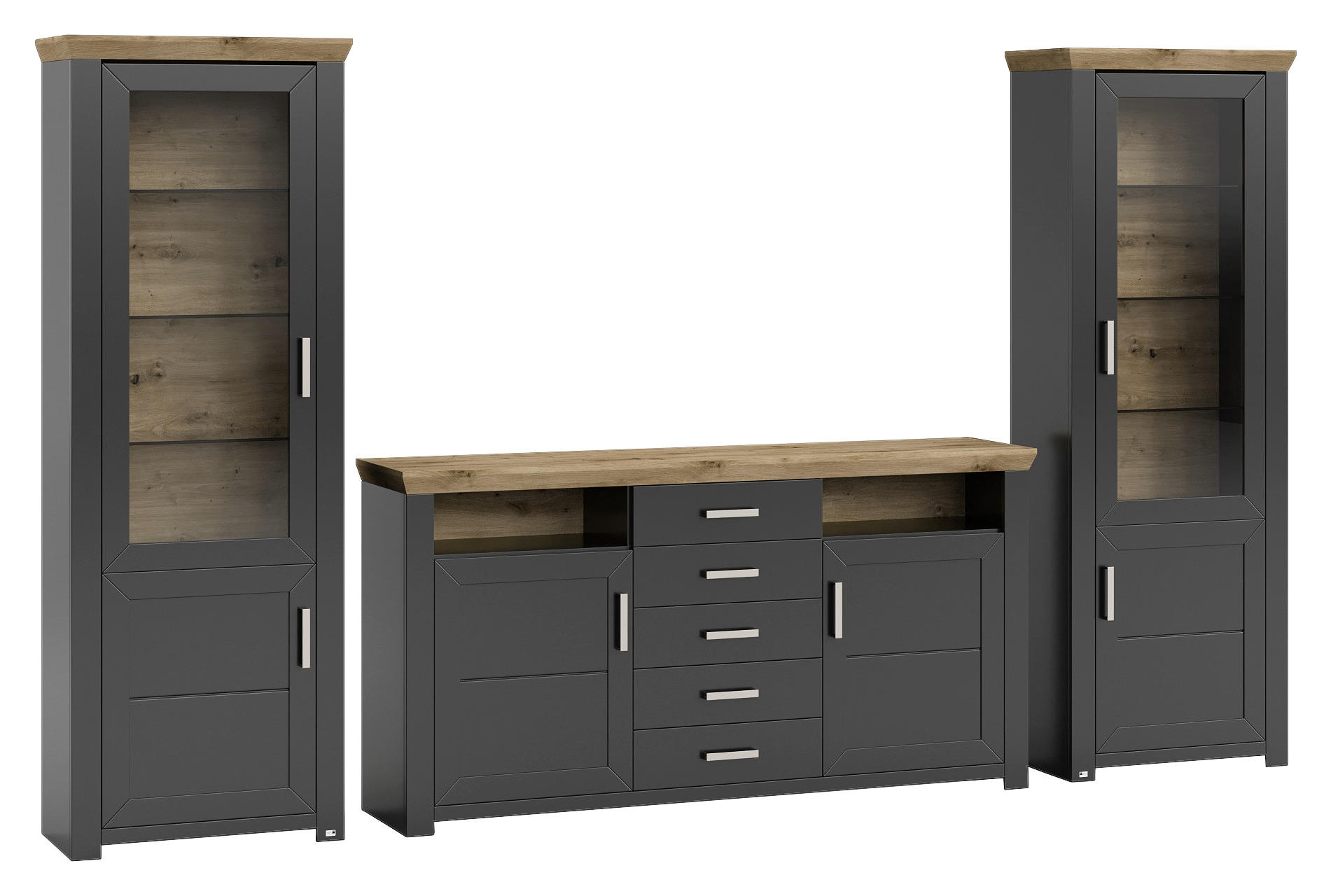 Thumbnail - SetOne by Musterring Wohnwand, Graphit, Eiche Artisan, Metall, 12 Fächer, 5 Schublade(n) Schubladen, 310x206.6x51.2 cm, ...