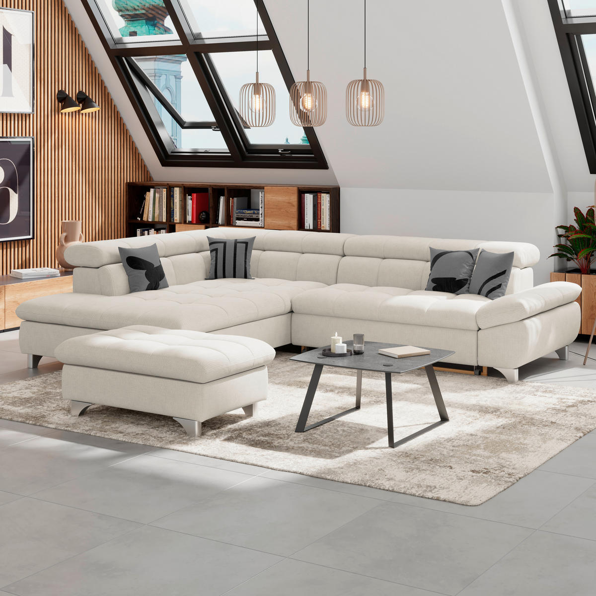 ECKSOFA Beige Chenille  - Chromfarben/Beige, KONVENTIONELL, Textil/Metall (234/312cm) - Livetastic