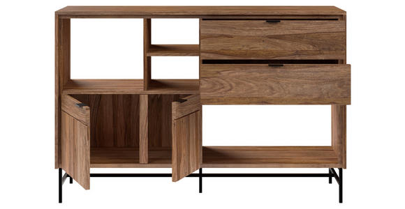 SIDEBOARD Sheesham massiv Braun, Honig Einlegeböden  - Schwarz/Braun, Design, Holz/Metall (140/93/38cm) - Carryhome