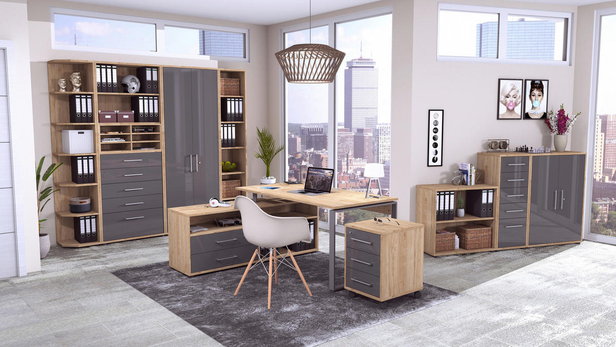 ECKSCHREIBTISCH 160/158/75 cm  in Anthrazit, Hickory  - Anthrazit/Alufarben, Basics, Holzwerkstoff/Metall (160/158/75cm) - Novel