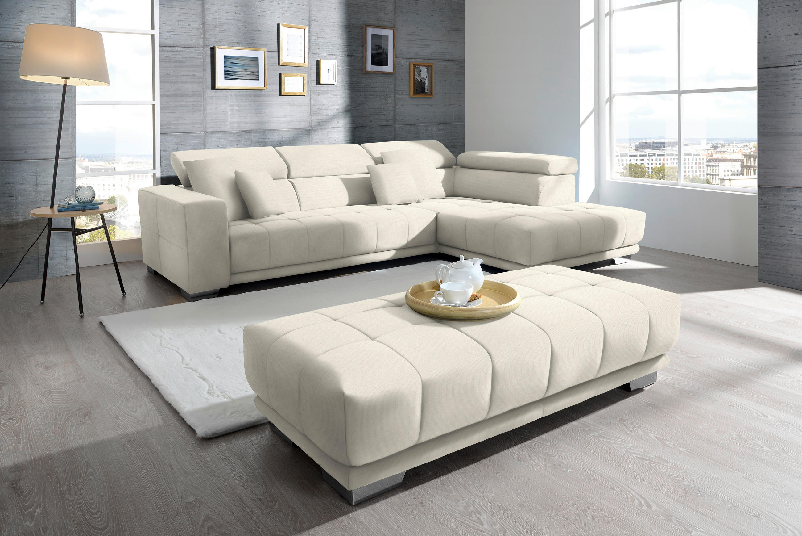 ECKSOFA in Mikrofaser Weiss  - Chromfarben/Weiss, Design, Textil/Metall (301/207cm) - Xora