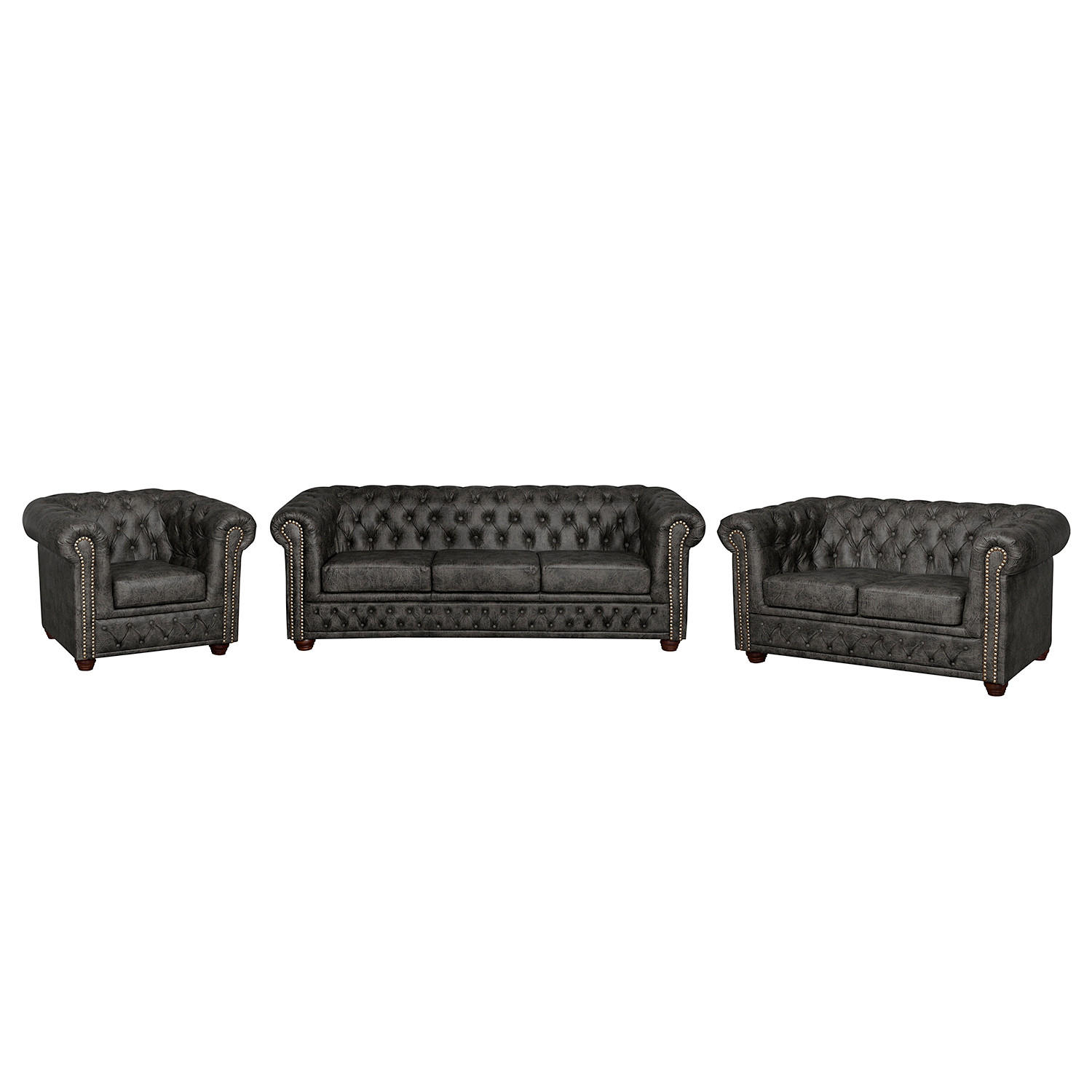 SITZGARNITUR YORK in Lederlook Schwarz  - Schwarz/Braun, Design, Holz/Textil (203/72/86cm) - P & B