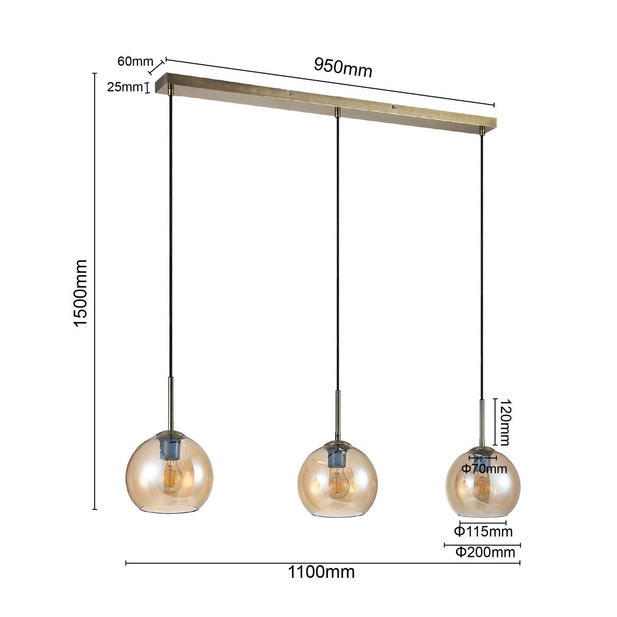HÄNGELEUCHTE Leonie 110/20/150 cm   - Bernsteinfarben, Basics, Glas/Metall (110/20/150cm) - Novel
