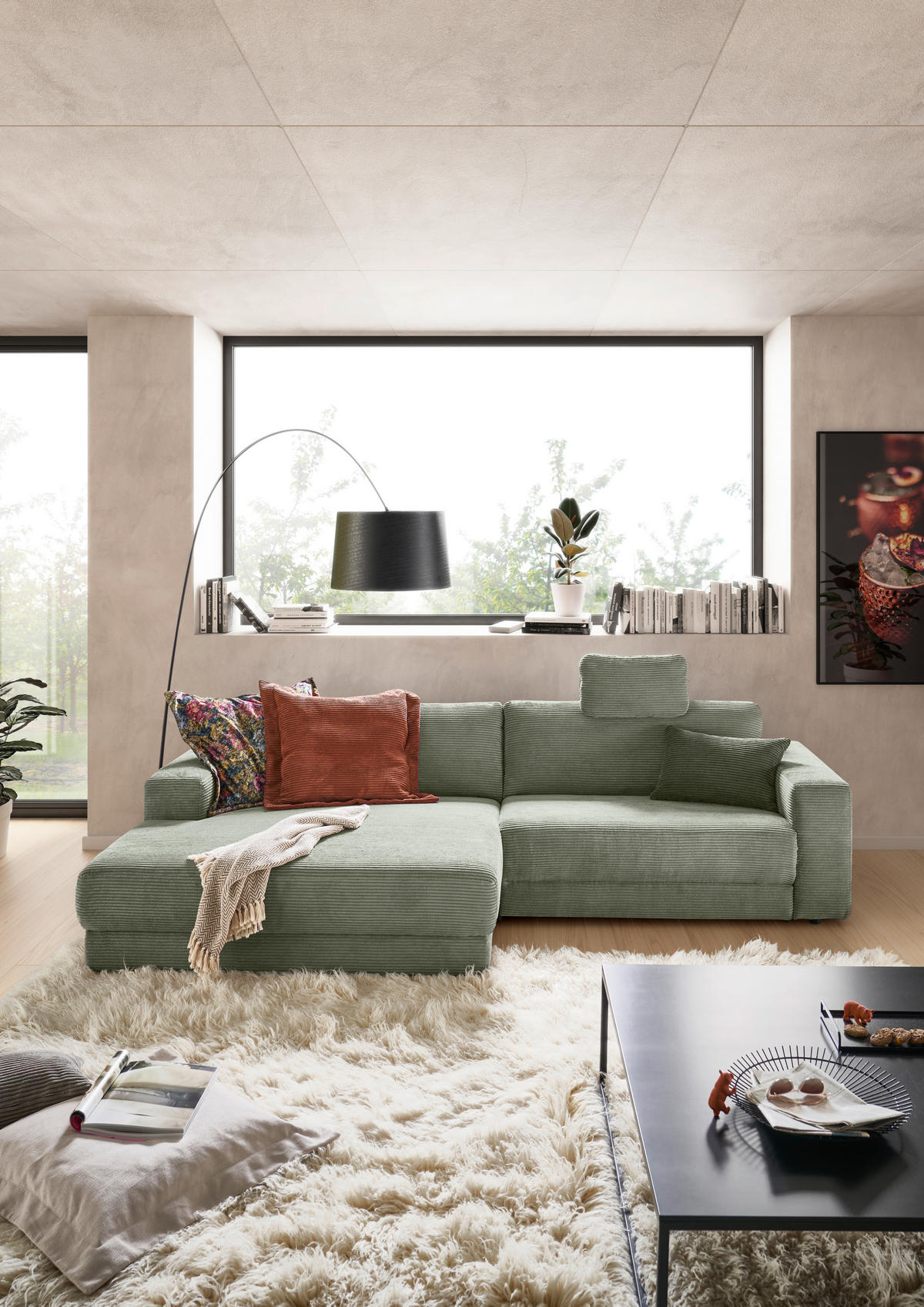 ECKSOFA in Cord Grün  - Schwarz/Grün, Design, Kunststoff/Textil (168/296cm) - Pure Home Lifestyle