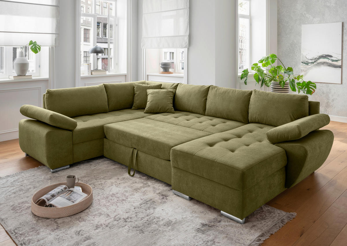 Wohnlandschaft in Mikrofaser Grün  - Chromfarben/Grün, Konventionell, Textil/Metall (219/305/157cm) - Livetastic
