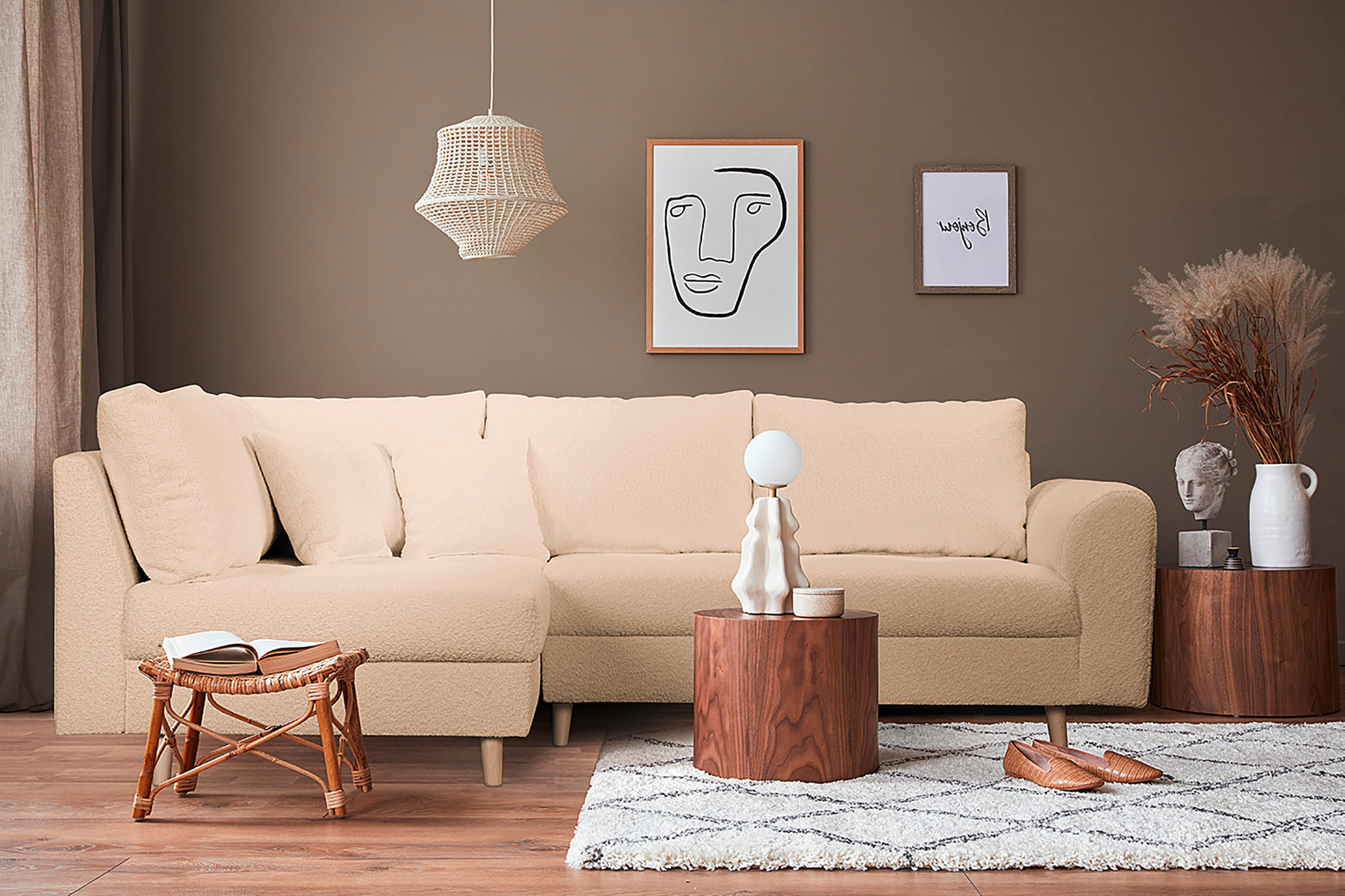 ECKSOFA Beige Bouclé  - Beige/Naturfarben, Design, Holz/Textil (161/231cm) - Livetastic