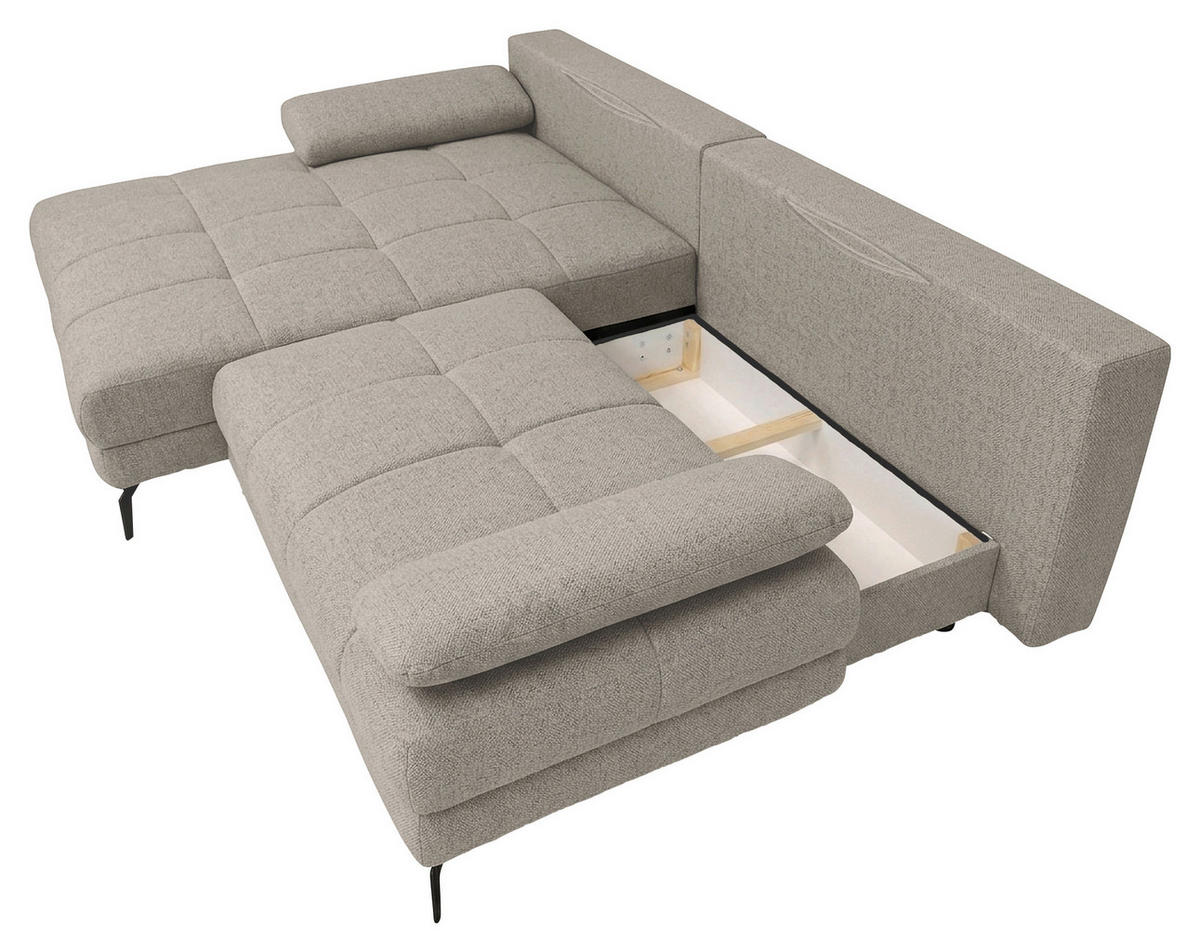 ECKSOFA Grau Struktur Rückenkissen, Bettkasten, Schlaffunktion, Rücken echt, Armteilverstellung, Liegefläche im Originalstoff  - Beige/Schwarz, MODERN, Textil/Metall (181/263cm) - Carryhome