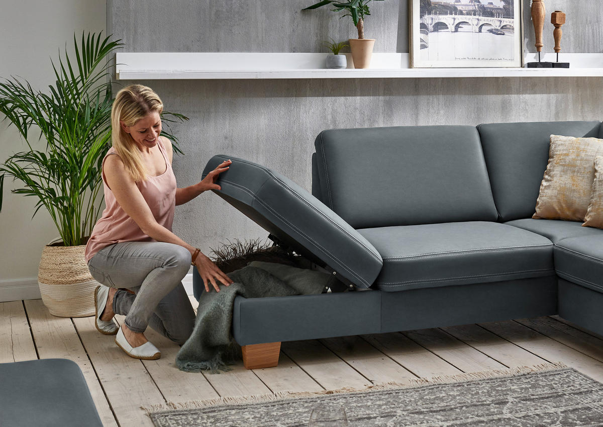 ECKSOFA  in Echtleder Blaugrau  235/274 cm  - Eichefarben/Beige, KONVENTIONELL, Leder/Holzwerkstoff (235/274cm) - Beldomo Premium