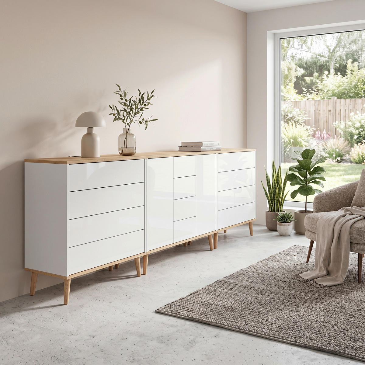 SIDEBOARD   - Weiß Hochglanz/Eiche Artisan, MODERN, Holz/Holzwerkstoff (263,5/86/33cm) - MID.YOU