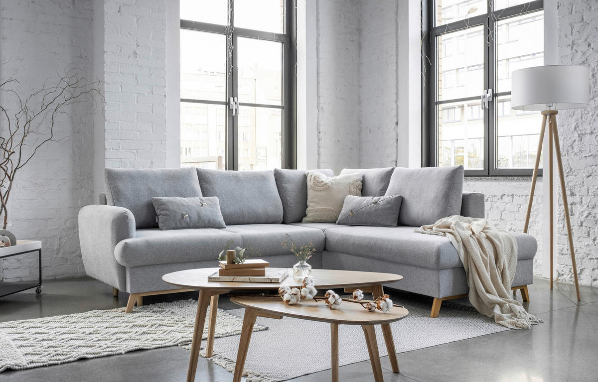 ECKSOFA Hellgrau Chenille  - Hellgrau/Naturfarben, Holz/Textil (242/202cm) - MID.YOU
