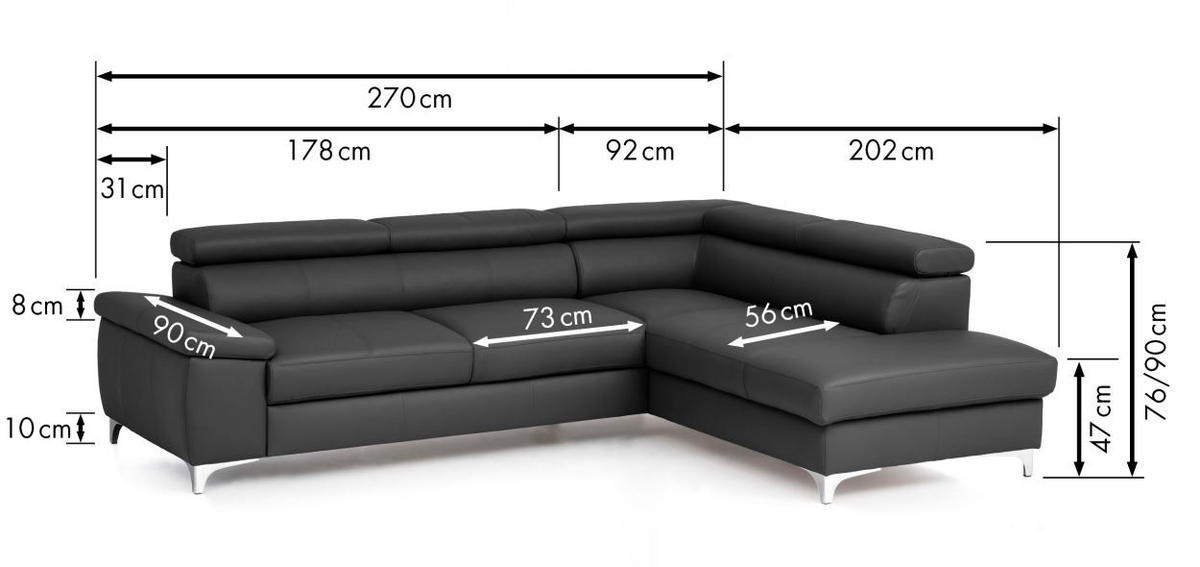ECKSOFA in Echtleder Anthrazit  - Chromfarben/Anthrazit, Design, Leder/Metall (268/213cm) - Stylife