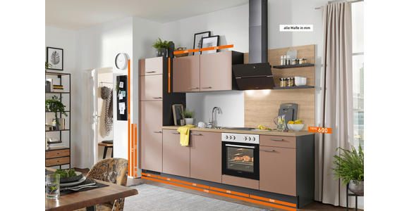 KÜCHENBLOCK 290 cm in Graphitfarben, Eichefarben, Altrosa - Edelstahlfarben/Eichefarben, Design, Holzwerkstoff/Metall (290cm) - Xora