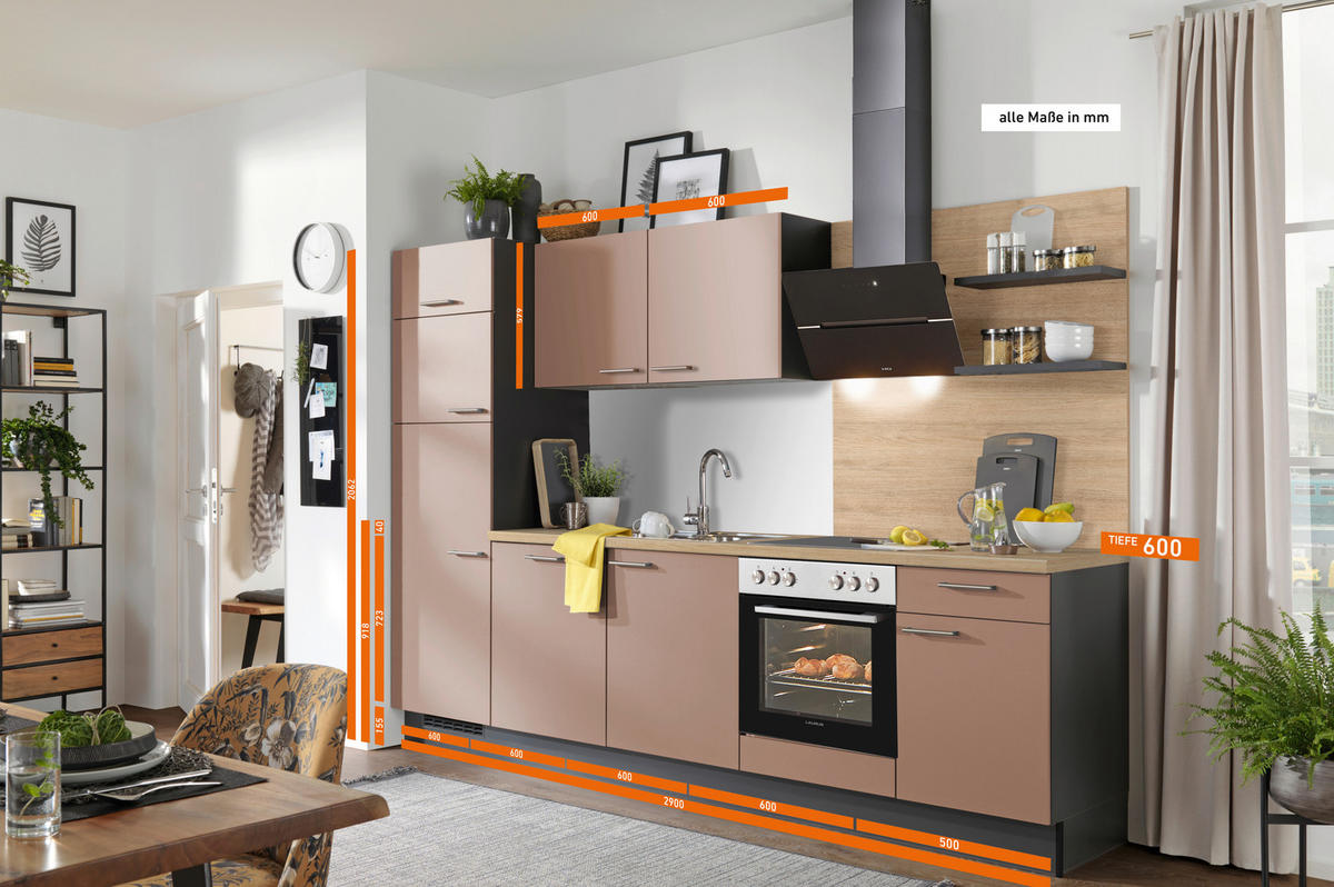 KÜCHENBLOCK 290 cm   in Graphitfarben, Eichefarben, Altrosa  - Edelstahlfarben/Eichefarben, Design, Holzwerkstoff/Metall (290cm) - Xora