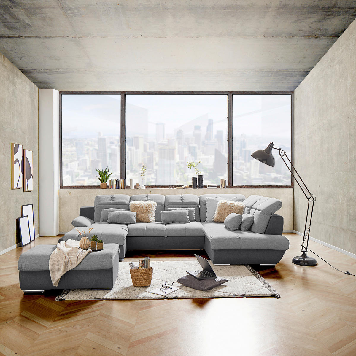 WOHNLANDSCHAFT Grau, Hellgrau, Dunkelgrau Mikrofaser  - Chromfarben/Dunkelgrau, MODERN, Textil/Metall (184/345/228cm) - MID.YOU