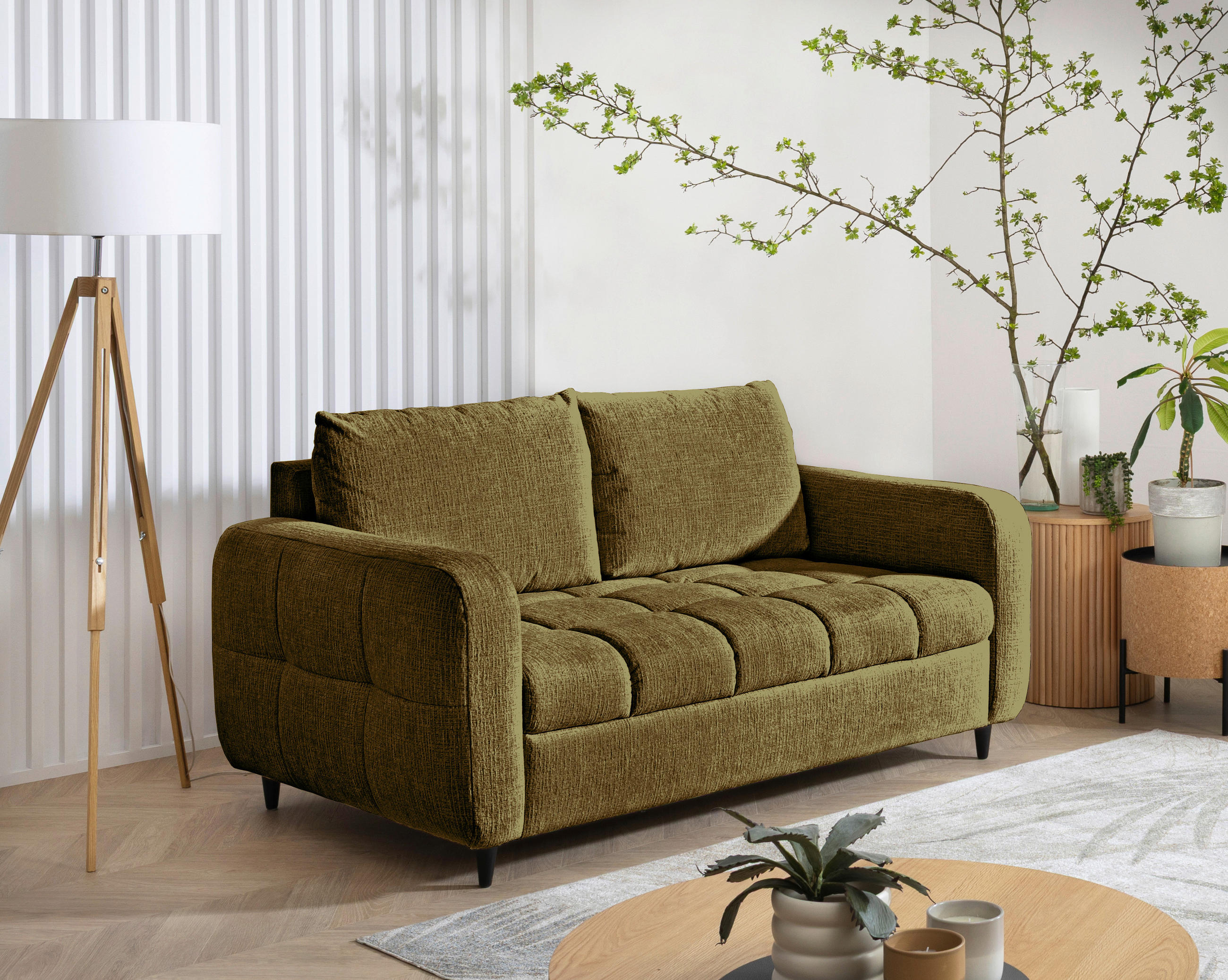 2-SITZER-SOFA Flachgewebe Olivgrün  - Schwarz/Olivgrün, MODERN, Holz/Textil (167/88/101cm) - Lomoco