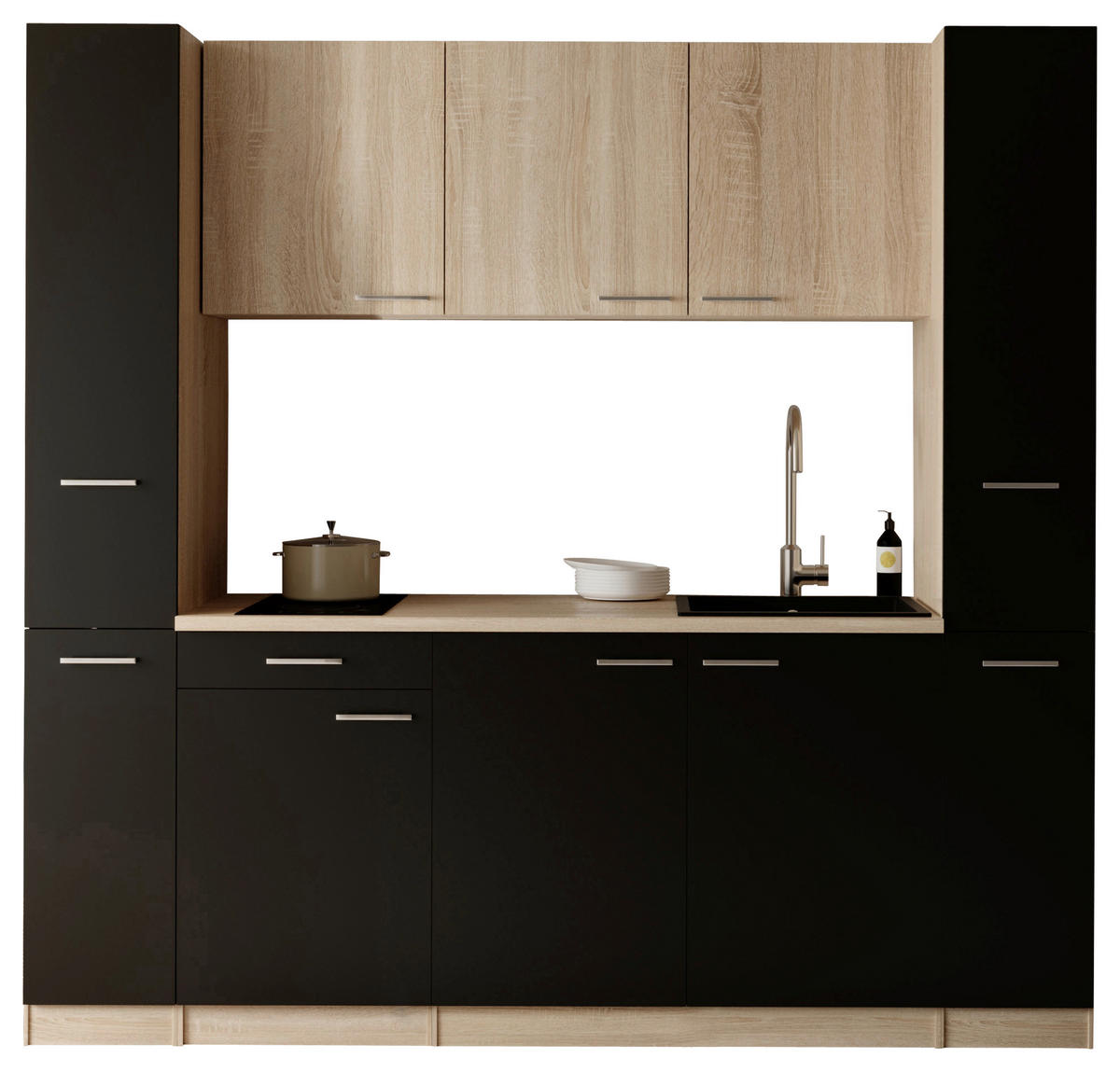KÜCHENBLOCK Ingrid 210 cm  in Schwarz  - Eichefarben/Alufarben, Design, Holzwerkstoff/Kunststoff (210cm) - Respekta