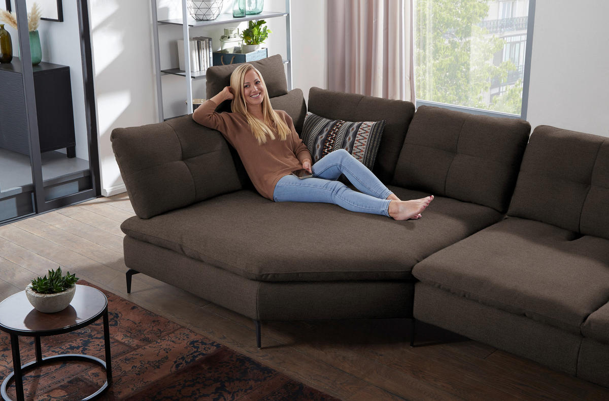 ECKSOFA in Flachgewebe Dunkelbraun  - Dunkelbraun/Schwarz, Design, Textil/Metall (157/344cm) - Chilliano