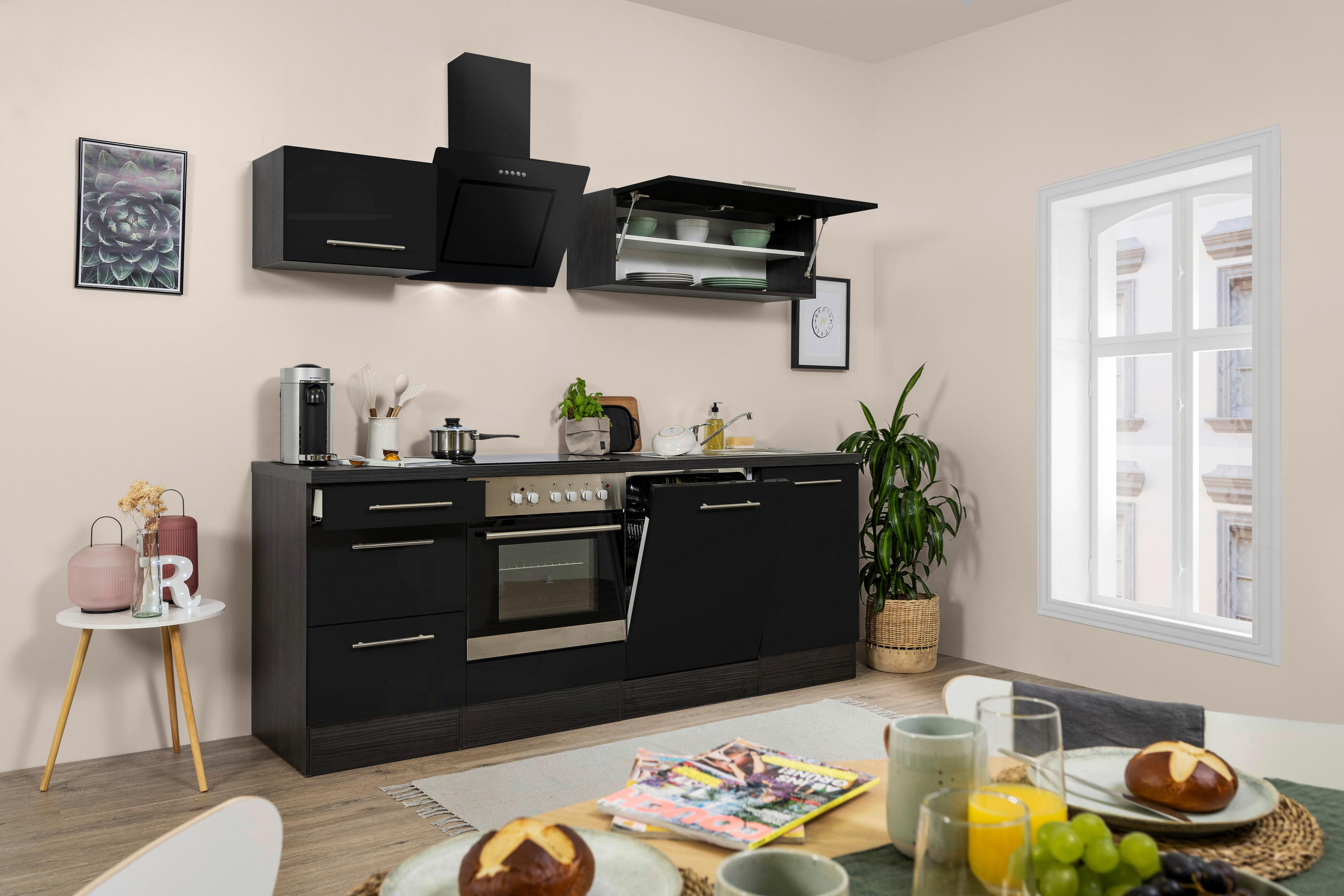 KÜCHENBLOCK 220 cm in Grau, Schwarz - Alufarben/Schwarz, Basics, Holzwerkstoff (220cm) - Respekta