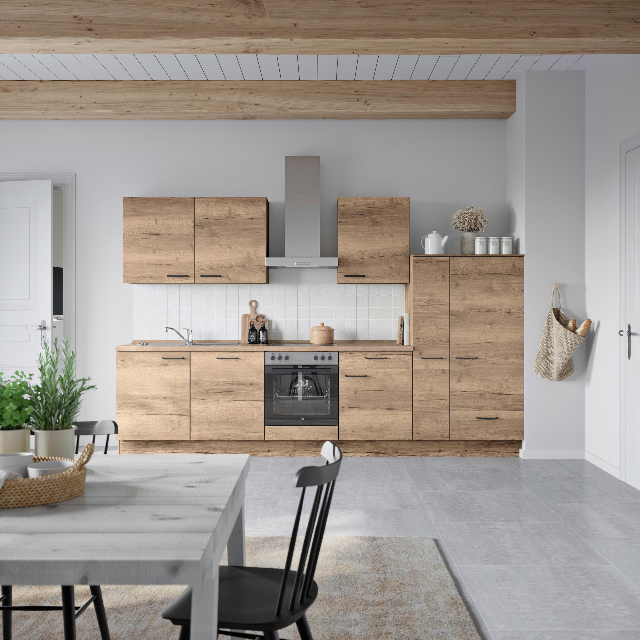 KÜCHENBLOCK 330 cm   in Eiche dunkel  - Eiche dunkel/Eichefarben, MODERN, Holzwerkstoff/Metall (330cm) - Nobilia