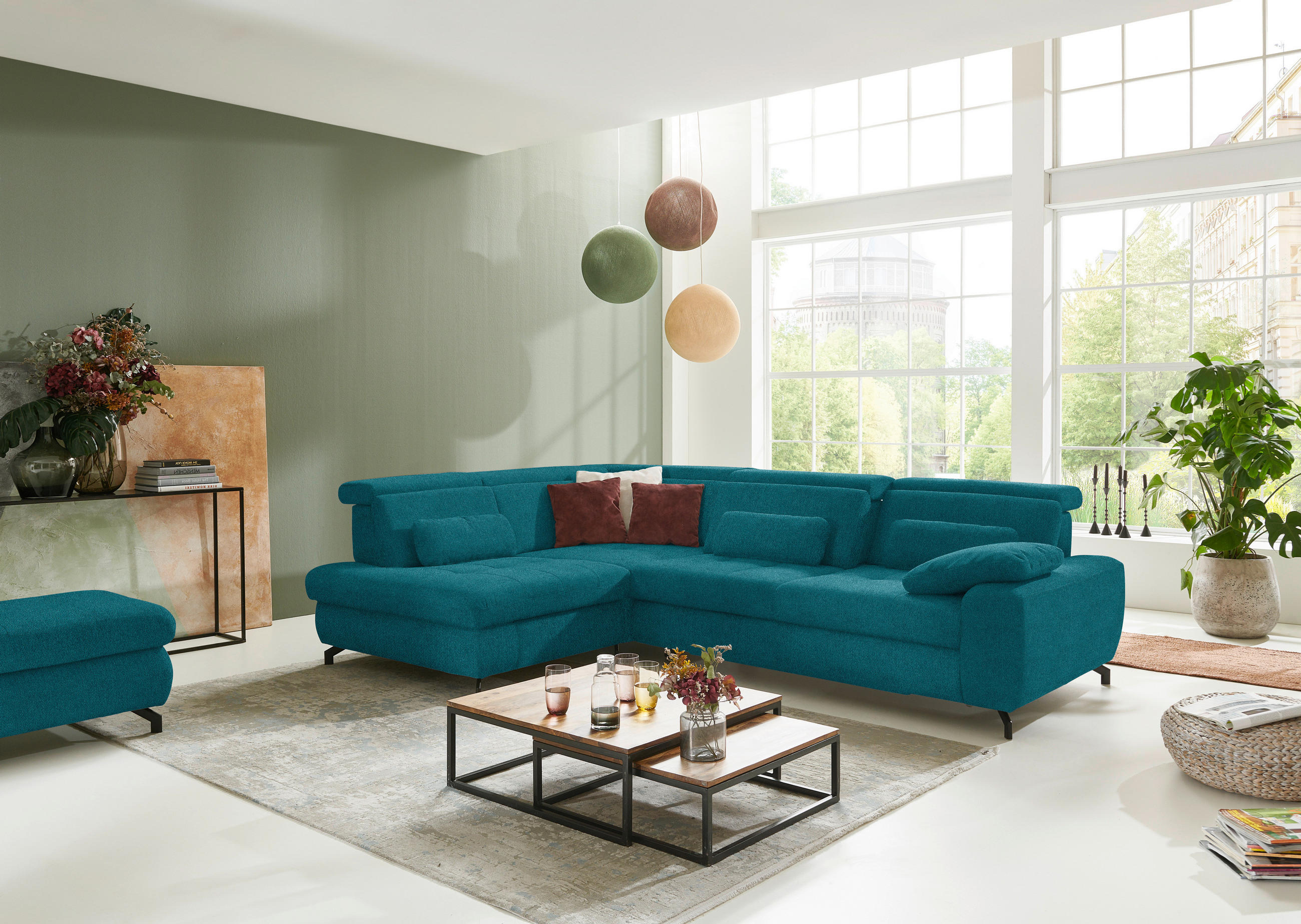 ECKSOFA in Chenille Petrol  - Petrol/Schwarz, Design, Textil/Metall (220/310cm) - Beldomo Style