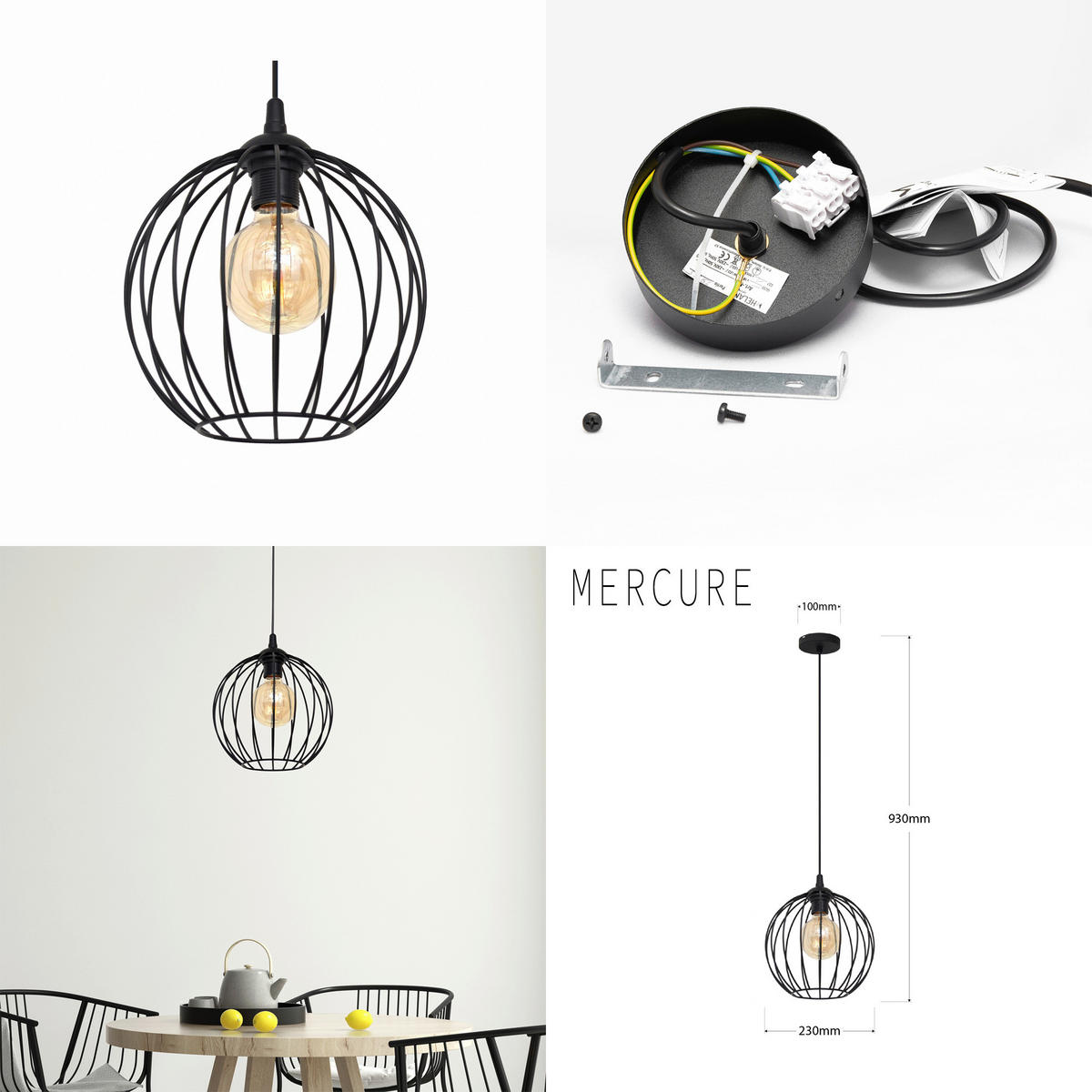 HÄNGELEUCHTE MERCURE 23/23/93 cm   - Schwarz, KONVENTIONELL, Metall (23/23/93cm)