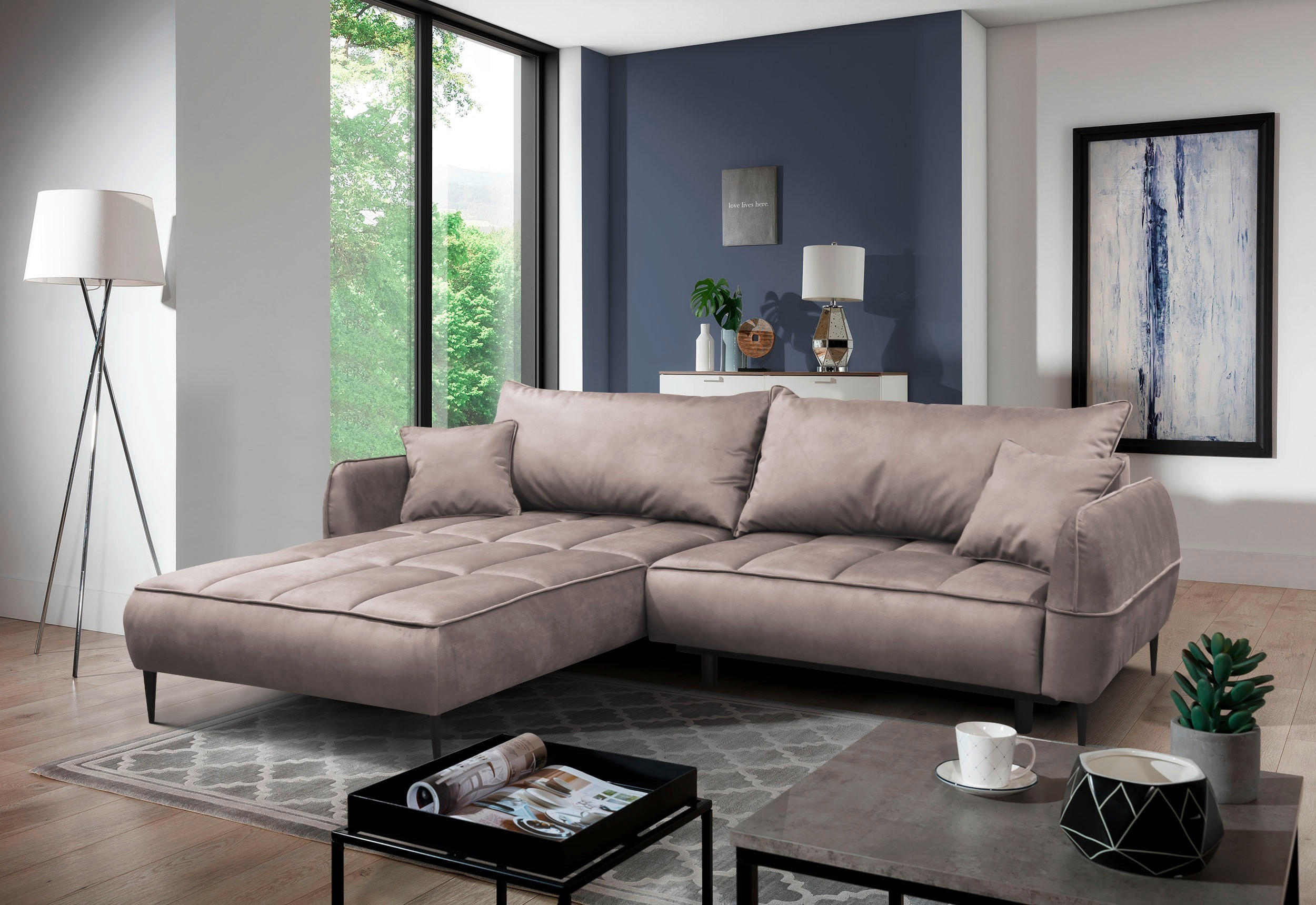 ECKSOFA in Velours Beige  189/260 cm  - Beige/Schwarz, Design, Textil/Metall (189/260cm) - MID.YOU