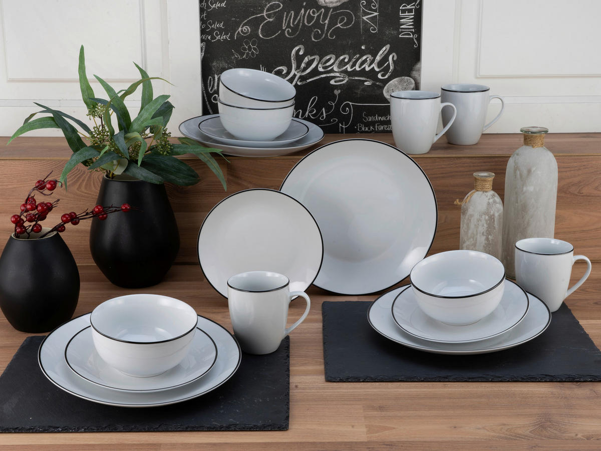 KOMBISERVICE Schwarz, Weiß Luna Black Line 16-teilig 4 Personen  - Schwarz/Weiß, Basics, Keramik (34,5/32/32,5cm) - Creatable