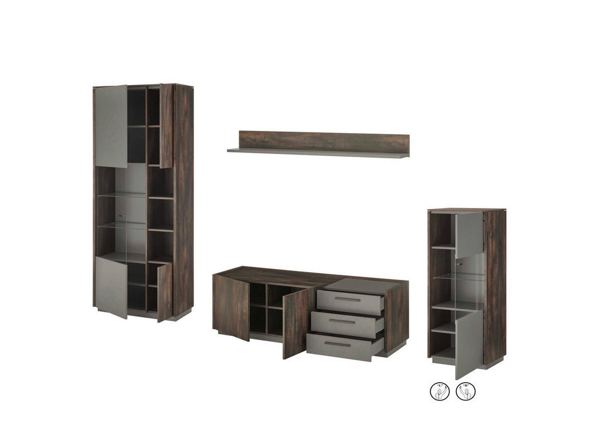 WOHNWAND 4-teilig  in Anthrazit, Eichefarben  327/200/45 cm  - Eichefarben/Anthrazit, Design, Glas/Holzwerkstoff (327/200/45cm) - MID.YOU