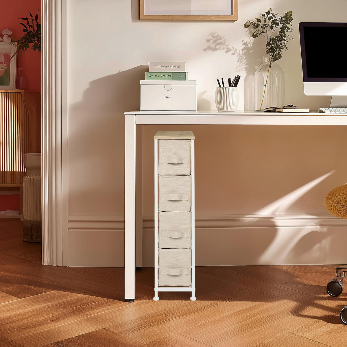 KOMMODE , 20/76/48 cm, 4 Schublade(n)  - Beige/Weiß, MODERN, Kunststoff/Textil (20/76/48cm) - MID.YOU