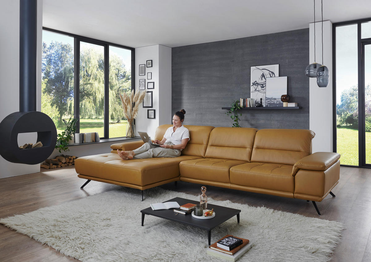 ECKSOFA Echtleder Currygelb  - Currygelb/Schwarz, Konventionell, Leder/Metall (193/343cm) - Beldomo Premium