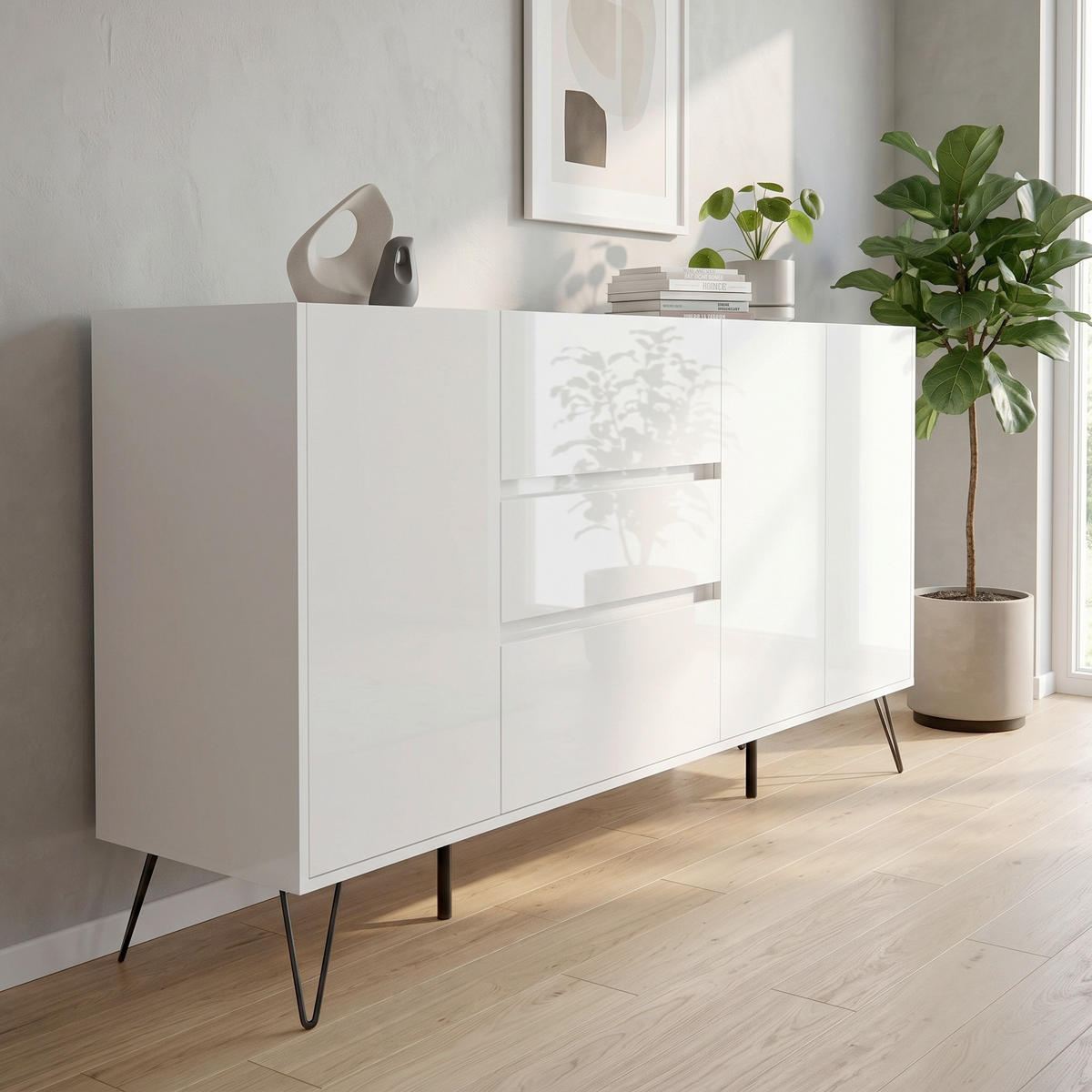 SIDEBOARD Posseik Industrial 177/93,6/42 cm 3 Schublade(n)  - Weiß Hochglanz/Schwarz, Design, Holzwerkstoff/Metall (177/93,6/42cm) - MID.YOU