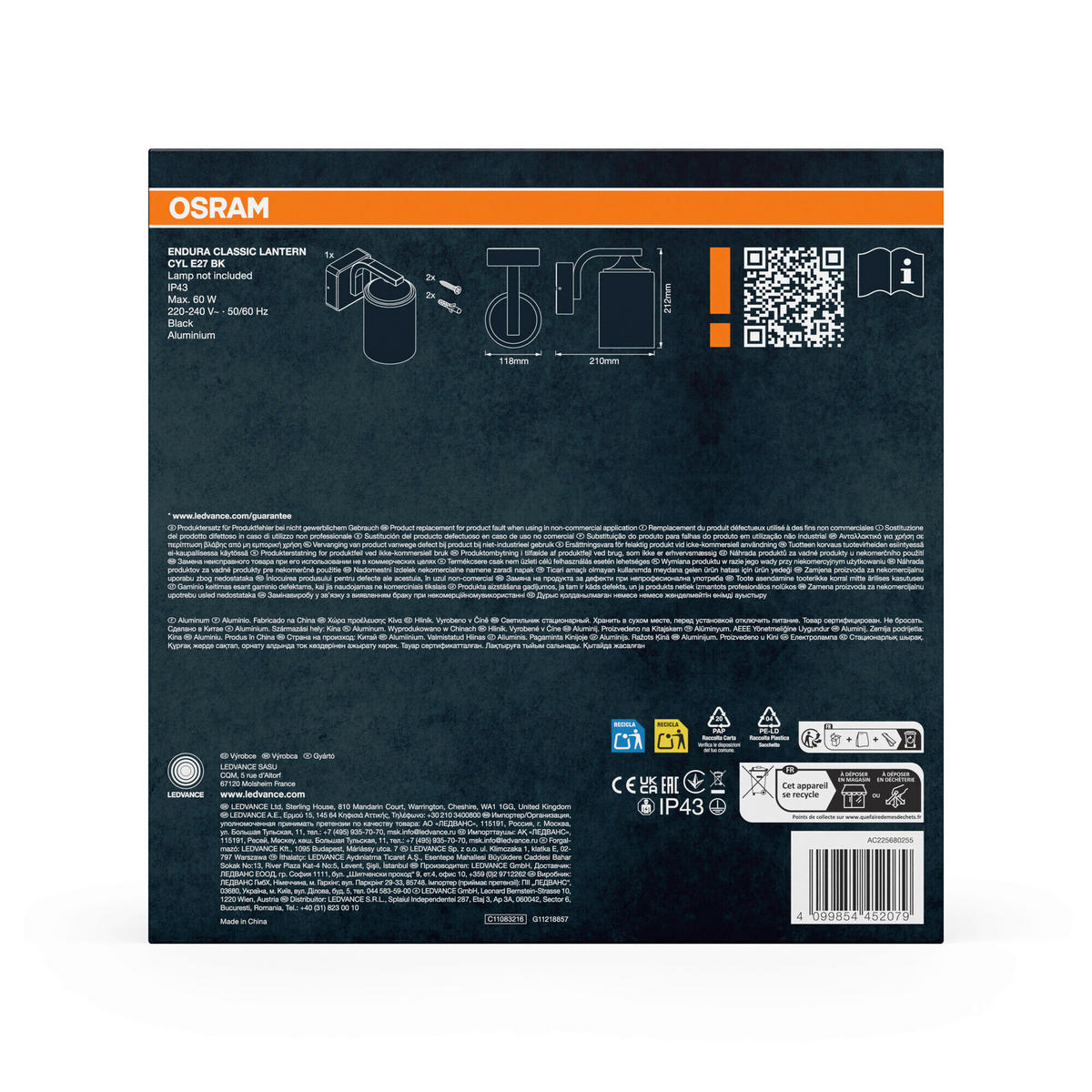 AUßENLEUCHTE 21/11,8/21,2 cm   - Schwarz, Basics, Glas/Metall (21/11,8/21,2cm) - Osram