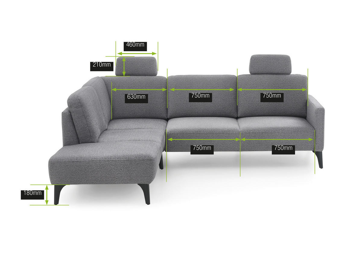 ECKSOFA Grau Flachgewebe  - Schwarz/Grau, KONVENTIONELL, Textil/Metall (218/255cm) - Elegando