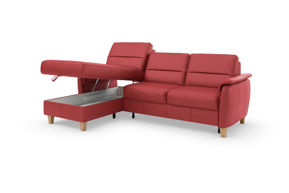 ECKSOFA PALMERA E Rot Kombination Echtleder/Stoff Mikrofaser Bettkasten  - Eichefarben/Rot, Basics, Leder/Holz (163/244cm) - Sit & More