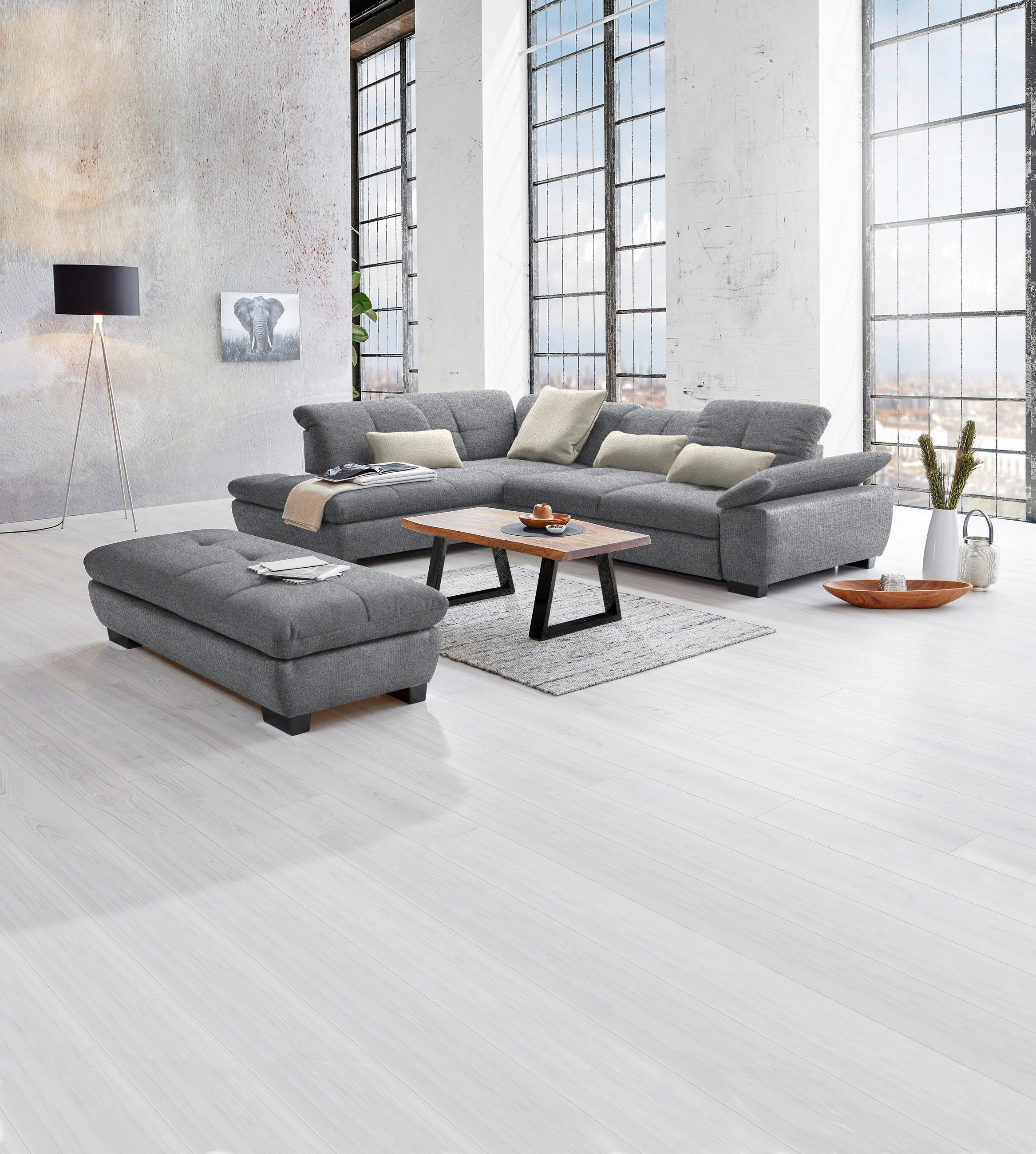 ECKSOFA in Flachgewebe Grau  - Schwarz/Grau, Design, Textil/Metall (242/313cm) - Xora
