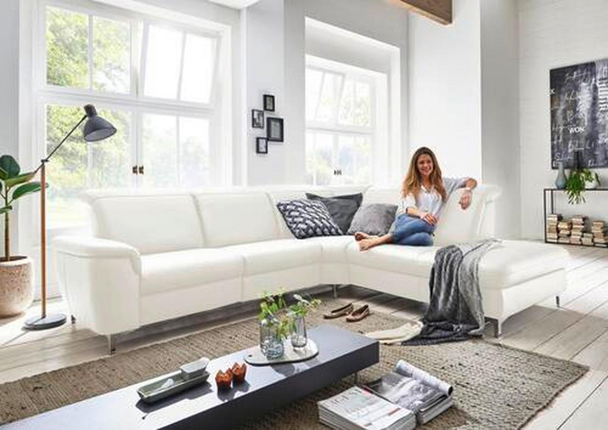 ECKSOFA in Echtleder Weiss  - Weiss/Alufarben, Design, Leder/Metall (242/292cm) - Cantus