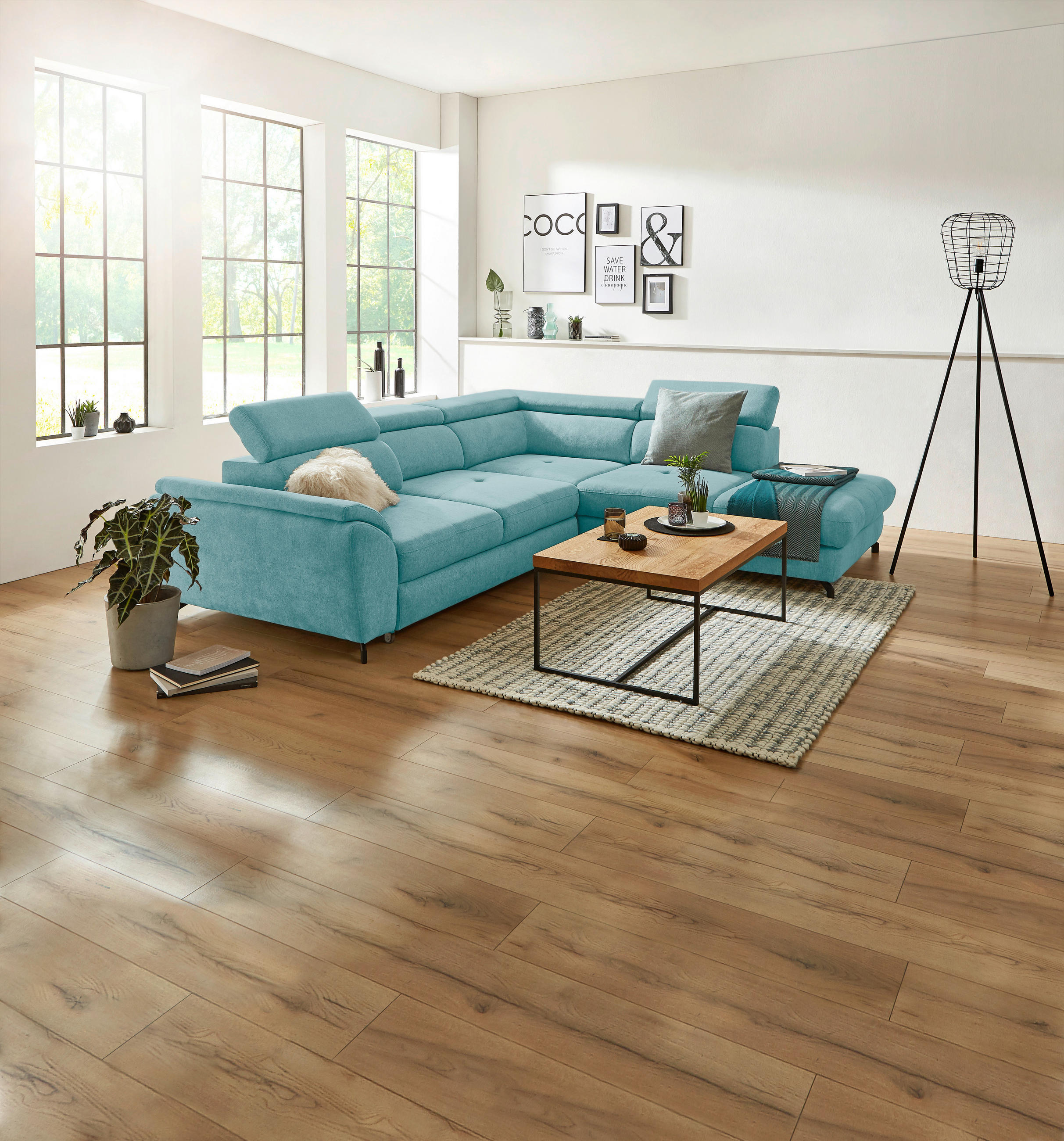ECKSOFA in Webstoff Türkis  - Türkis/Schwarz, Design, Textil/Metall (277/237cm) - Stylife