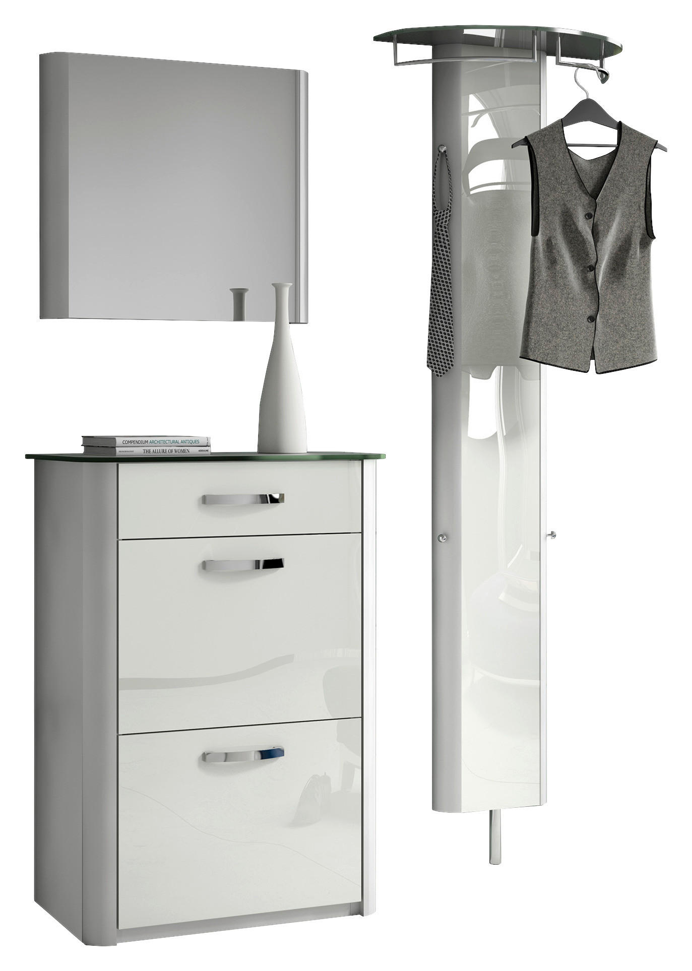 GARDEROBE 3-teilig 150/192/34 cm  - Weiss Hochglanz/Alufarben, Design, Glas/Holzwerkstoff (150/192/34cm) - Moderano