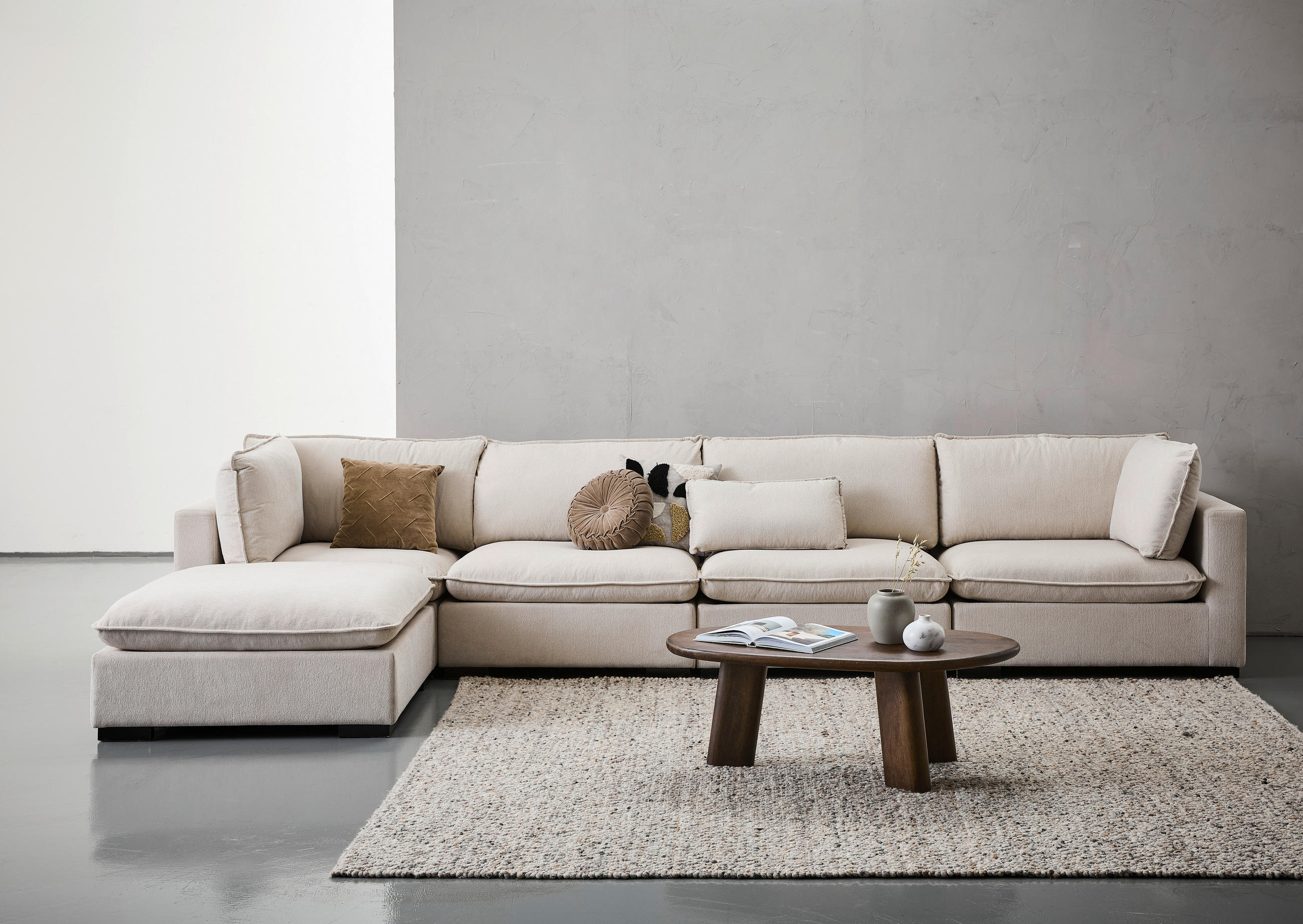 CANAPÉ D'ANGLE in Leinenoptik Creme - marron foncé/crème, Basics, textile/bois (301/315cm) - Livetastic