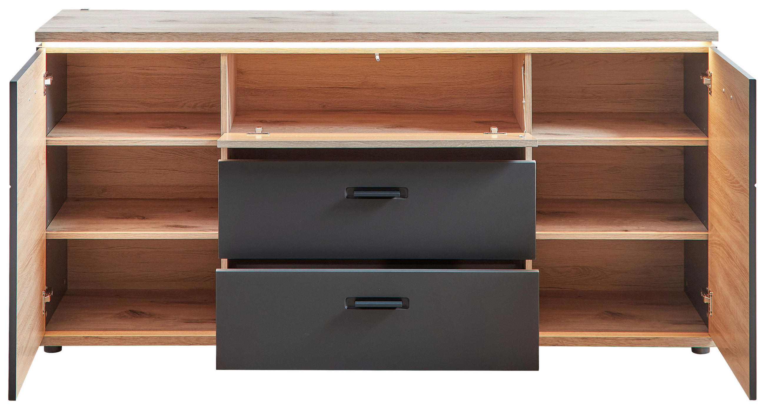 Thumbnail - Stylife Sideboard, Graphit, Eiche, Metall, 4 Fächer, 2 Schublade(n) Schubladen, 180x86x43 cm, Beimöbel erhältlich, Wohnz...