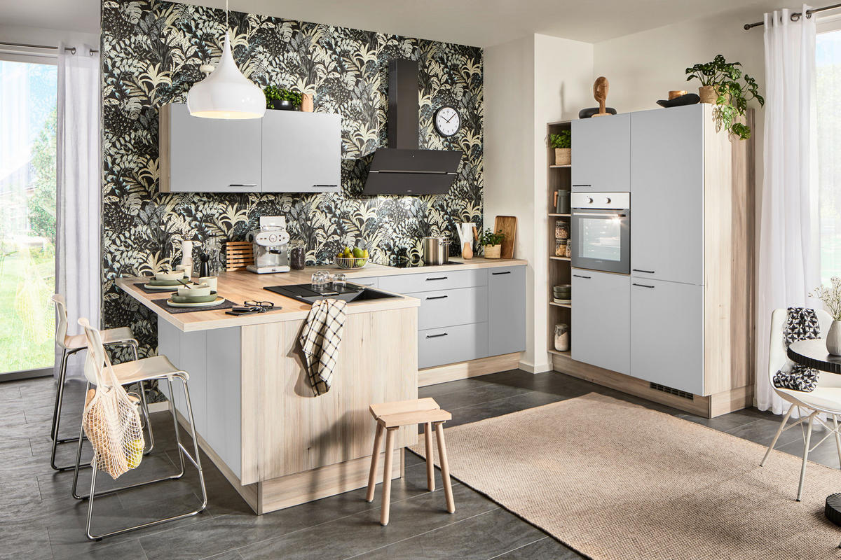 ECKKÜCHE  in Hellgrau, Tannenholzfarben  - Tannenholzfarben/Hellgrau, Design, Holzwerkstoff/Metall (121,6/280/150cm) - Xora
