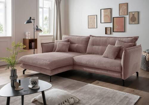 ECKSOFA in Cord Rosa  - Schwarz/Rosa, Modern, Textil/Metall (180/255cm) - Livetastic